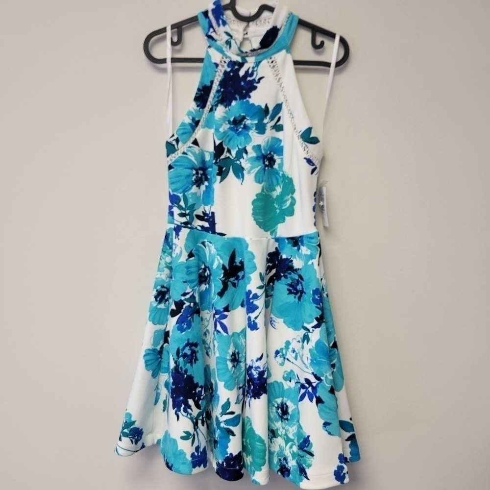 B Darlin Floral Fit and Flare Mock Neck Crochet Trim Dress Turquoise Blue 5 / 6 - Picture 9 of 10